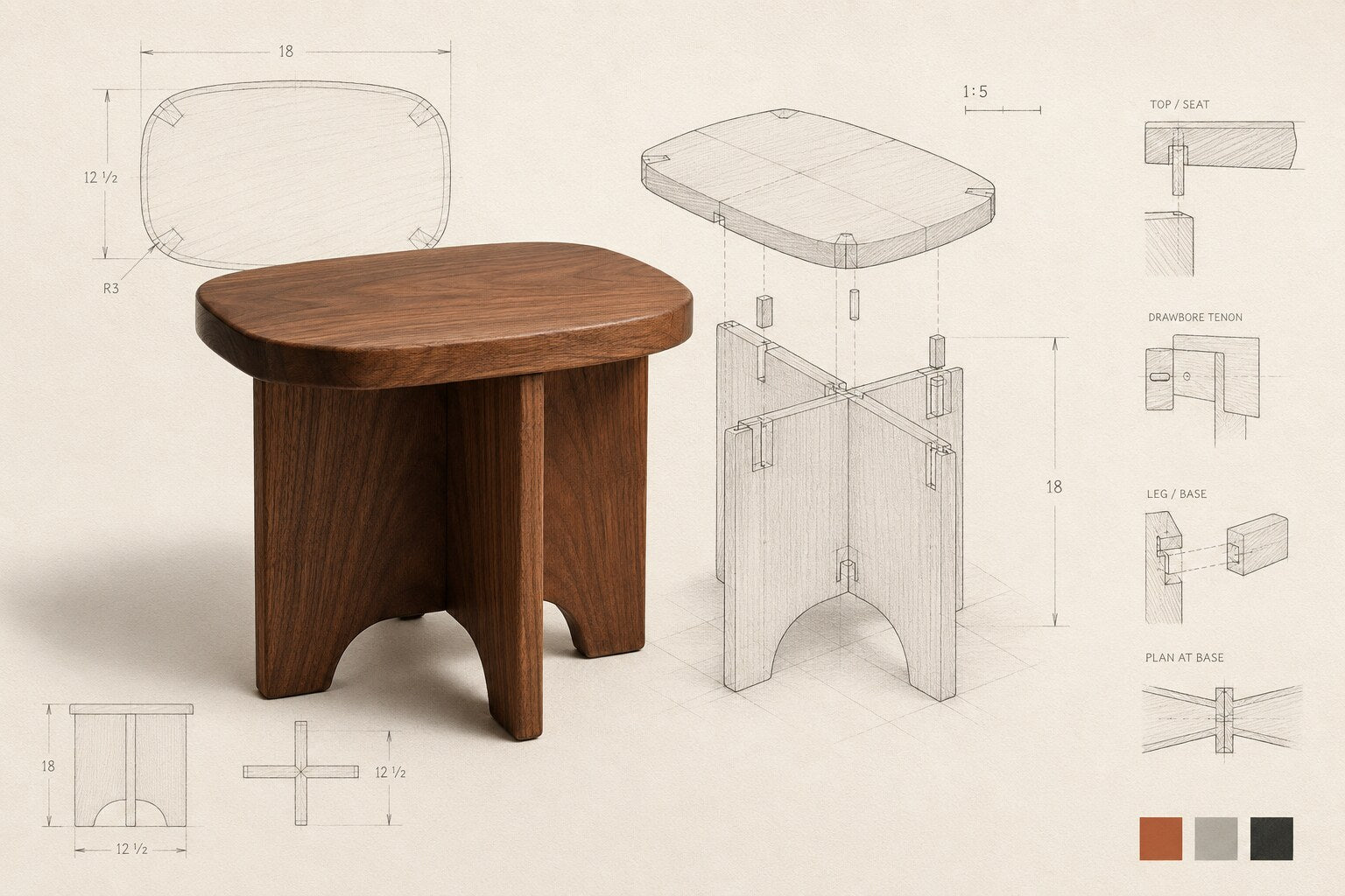 Walnut stool with architectural drawings and joinery details