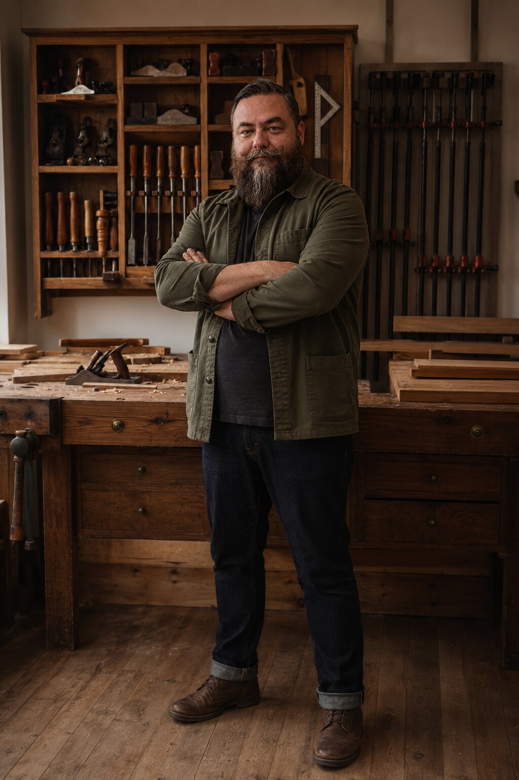 Aaron standing in his workshop in front of an organized tool bench