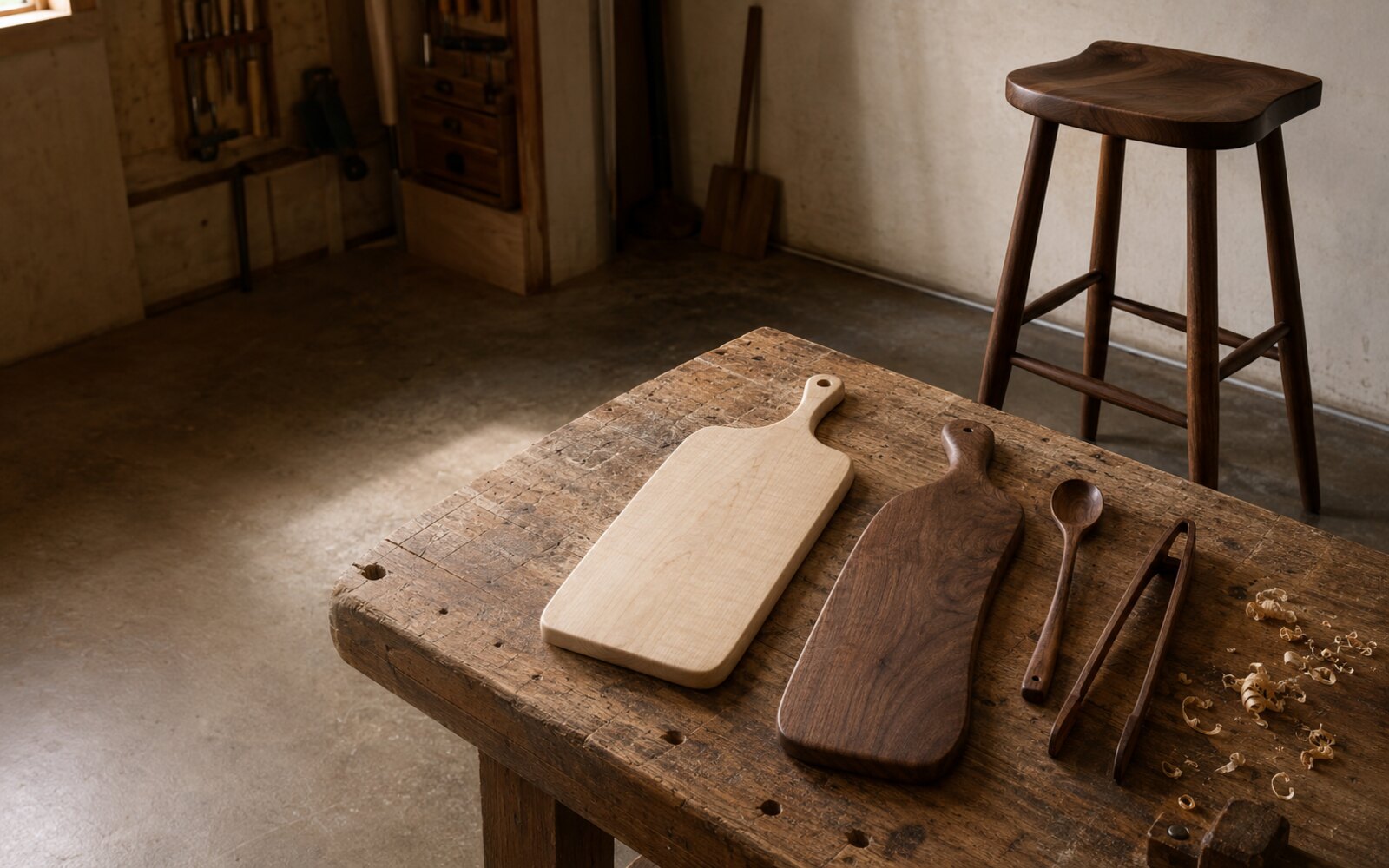 Walnut and maple wood goods arranged on a traditional workbench