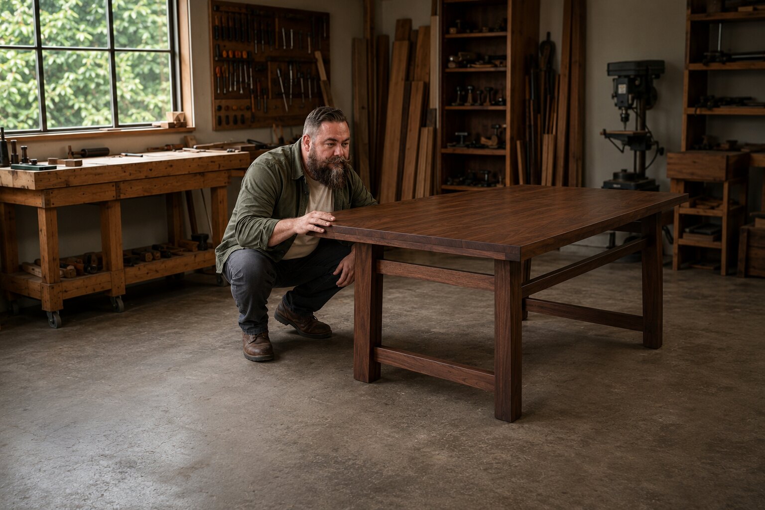 Aaron inspecting the finish and grain of a walnut table at a low angle