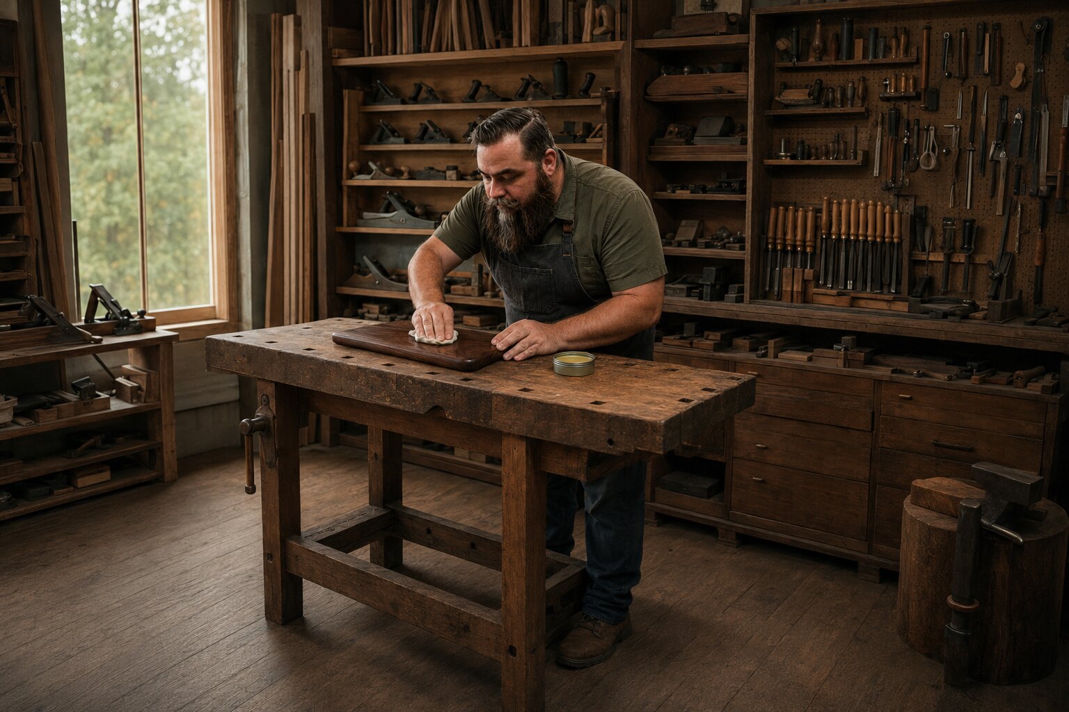 Aaron hand polishing a walnut cutting board at his workbench